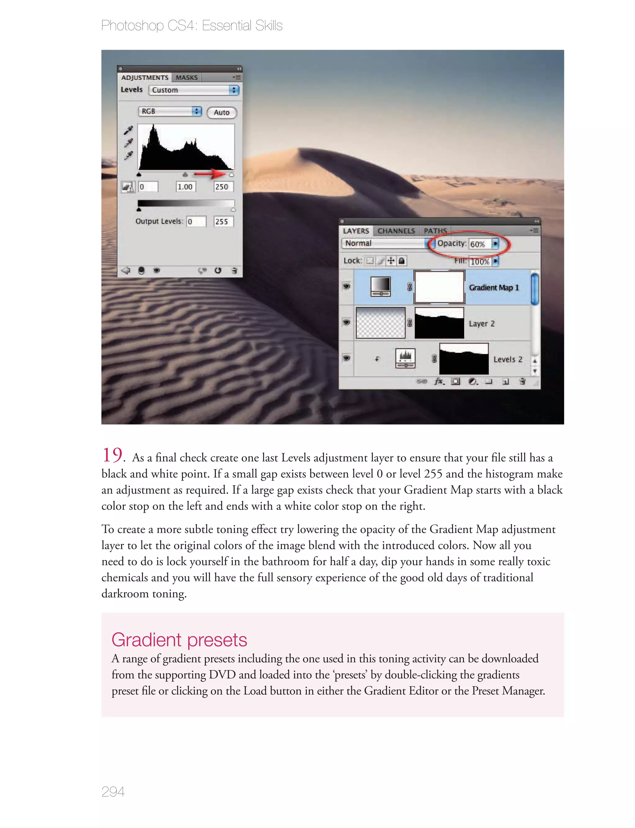 Photoshop CS4: Essential Skills




19. As a ﬁnal check create one last Levels adjustment layer to ensure that your ﬁle still has a
black and white point. If a small gap exists between level 0 or level 255 and the histogram make
an adjustment as required. If a large gap exists check that your Gradient Map starts with a black
color stop on the left and ends with a white color stop on the right.
To create a more subtle toning eﬀect try lowering the opacity of the Gradient Map adjustment
layer to let the original colors of the image blend with the introduced colors. Now all you
need to do is lock yourself in the bathroom for half a day, dip your hands in some really toxic
chemicals and you will have the full sensory experience of the good old days of traditional
darkroom toning.


  Gradient presets
  A range of gradient presets including the one used in this toning activity can be downloaded
  from the supporting DVD and loaded into the ‘presets’ by double-clicking the gradients
  preset ﬁle or clicking on the Load button in either the Gradient Editor or the Preset Manager.




294
 