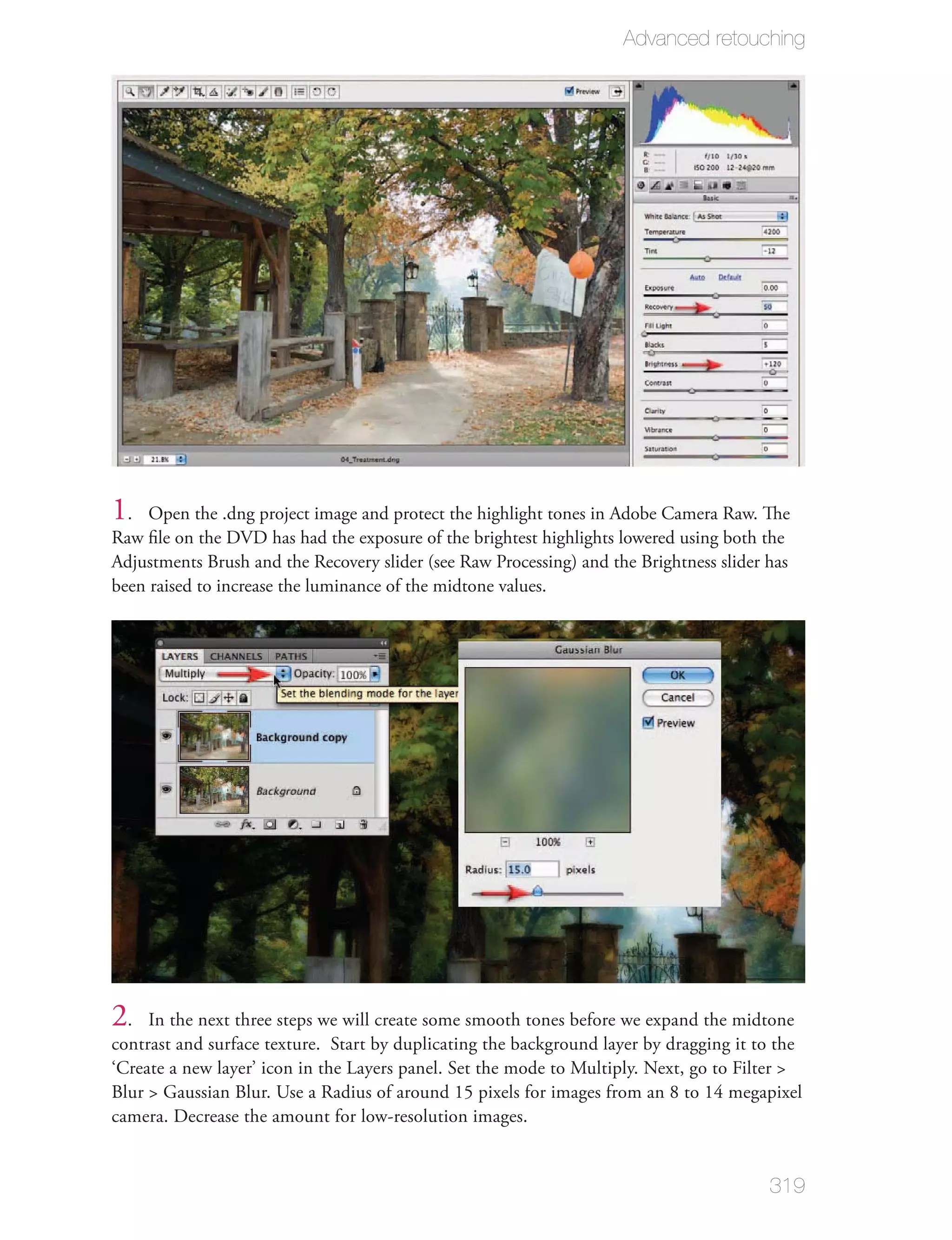 Advanced retouching




1.   Open the .dng project image and protect the highlight tones in Adobe Camera Raw. The
Raw ﬁle on the DVD has had the exposure of the brightest highlights lowered using both the
Adjustments Brush and the Recovery slider (see Raw Processing) and the Brightness slider has
been raised to increase the luminance of the midtone values.




2.   In the next three steps we will create some smooth tones before we expand the midtone
contrast and surface texture. Start by duplicating the background layer by dragging it to the
‘Create a new layer’ icon in the Layers panel. Set the mode to Multiply. Next, go to Filter >
Blur > Gaussian Blur. Use a Radius of around 15 pixels for images from an 8 to 14 megapixel
camera. Decrease the amount for low-resolution images.


                                                                                         319
 