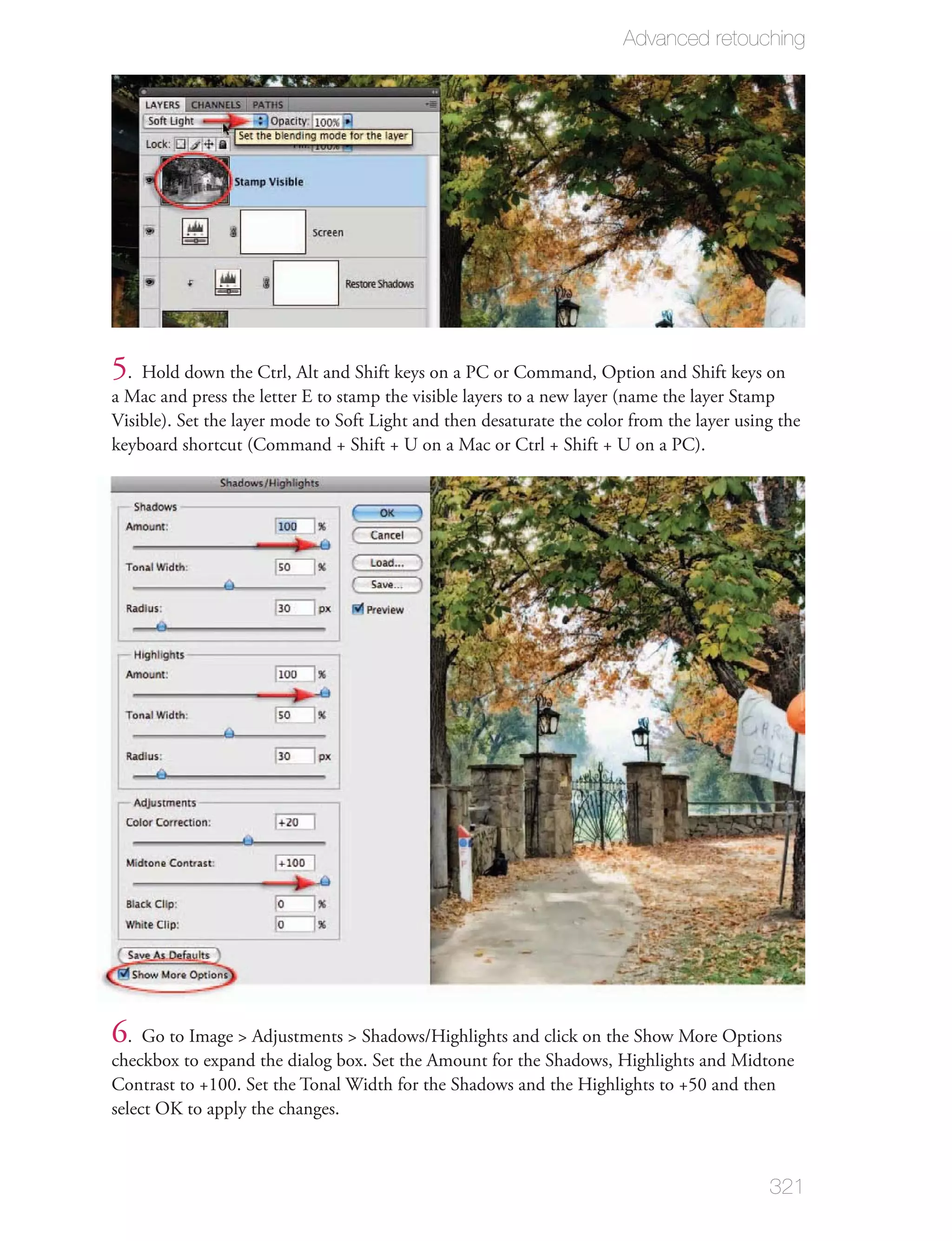 Advanced retouching




5. Hold down the Ctrl, Alt and Shift keys on a PC or Command, Option and Shift keys on
a Mac and press the letter E to stamp the visible layers to a new layer (name the layer Stamp
Visible). Set the layer mode to Soft Light and then desaturate the color from the layer using the
keyboard shortcut (Command + Shift + U on a Mac or Ctrl + Shift + U on a PC).




6. Go to Image > Adjustments > Shadows/Highlights and click on the Show More Options
checkbox to expand the dialog box. Set the Amount for the Shadows, Highlights and Midtone
Contrast to +100. Set the Tonal Width for the Shadows and the Highlights to +50 and then
select OK to apply the changes.



                                                                                            321
 