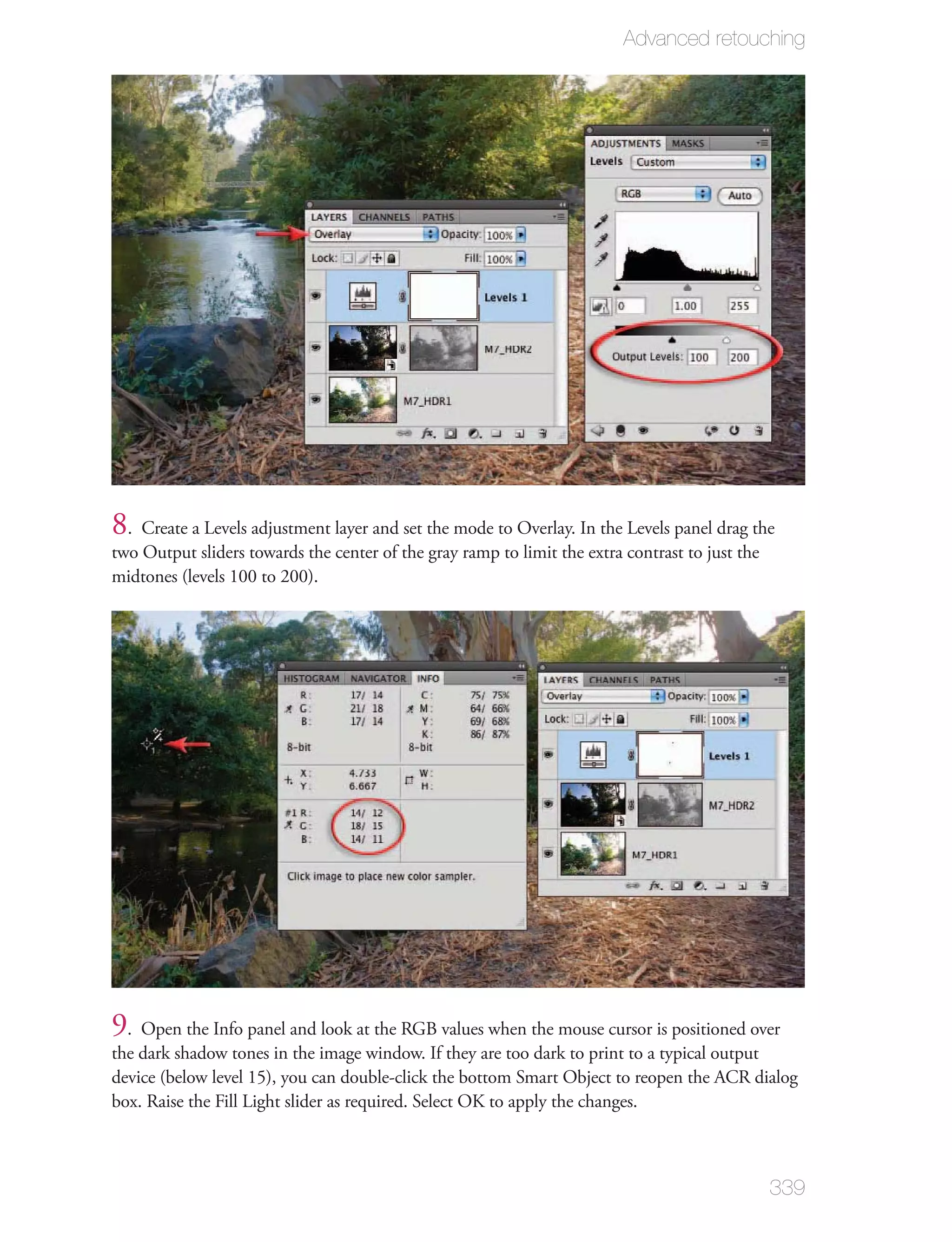 Advanced retouching




8. Create a Levels adjustment layer and set the mode to Overlay. In the Levels panel drag the
two Output sliders towards the center of the gray ramp to limit the extra contrast to just the
midtones (levels 100 to 200).




9 . Open the Info panel and look at the RGB values when the mouse cursor is positioned over
the dark shadow tones in the image window. If they are too dark to print to a typical output
device (below level 15), you can double-click the bottom Smart Object to reopen the ACR dialog
box. Raise the Fill Light slider as required. Select OK to apply the changes.



                                                                                                 339
 