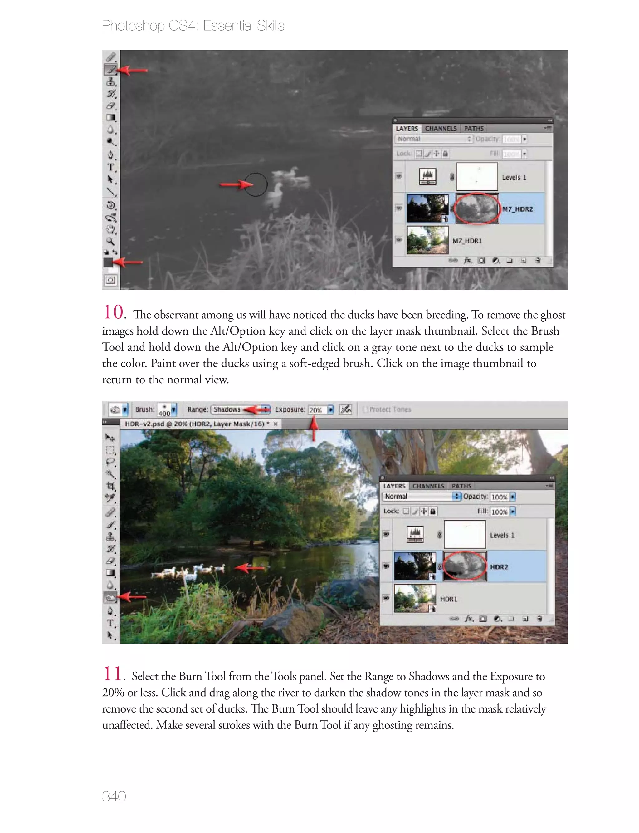 Photoshop CS4: Essential Skills




10. The observant among us will have noticed the ducks have been breeding. To remove the ghost
images hold down the Alt/Option key and click on the layer mask thumbnail. Select the Brush
Tool and hold down the Alt/Option key and click on a gray tone next to the ducks to sample
the color. Paint over the ducks using a soft-edged brush. Click on the image thumbnail to
return to the normal view.




11. Select the Burn Tool from the Tools panel. Set the Range to Shadows and the Exposure to
20% or less. Click and drag along the river to darken the shadow tones in the layer mask and so
remove the second set of ducks. The Burn Tool should leave any highlights in the mask relatively
unaﬀected. Make several strokes with the Burn Tool if any ghosting remains.




340
 
