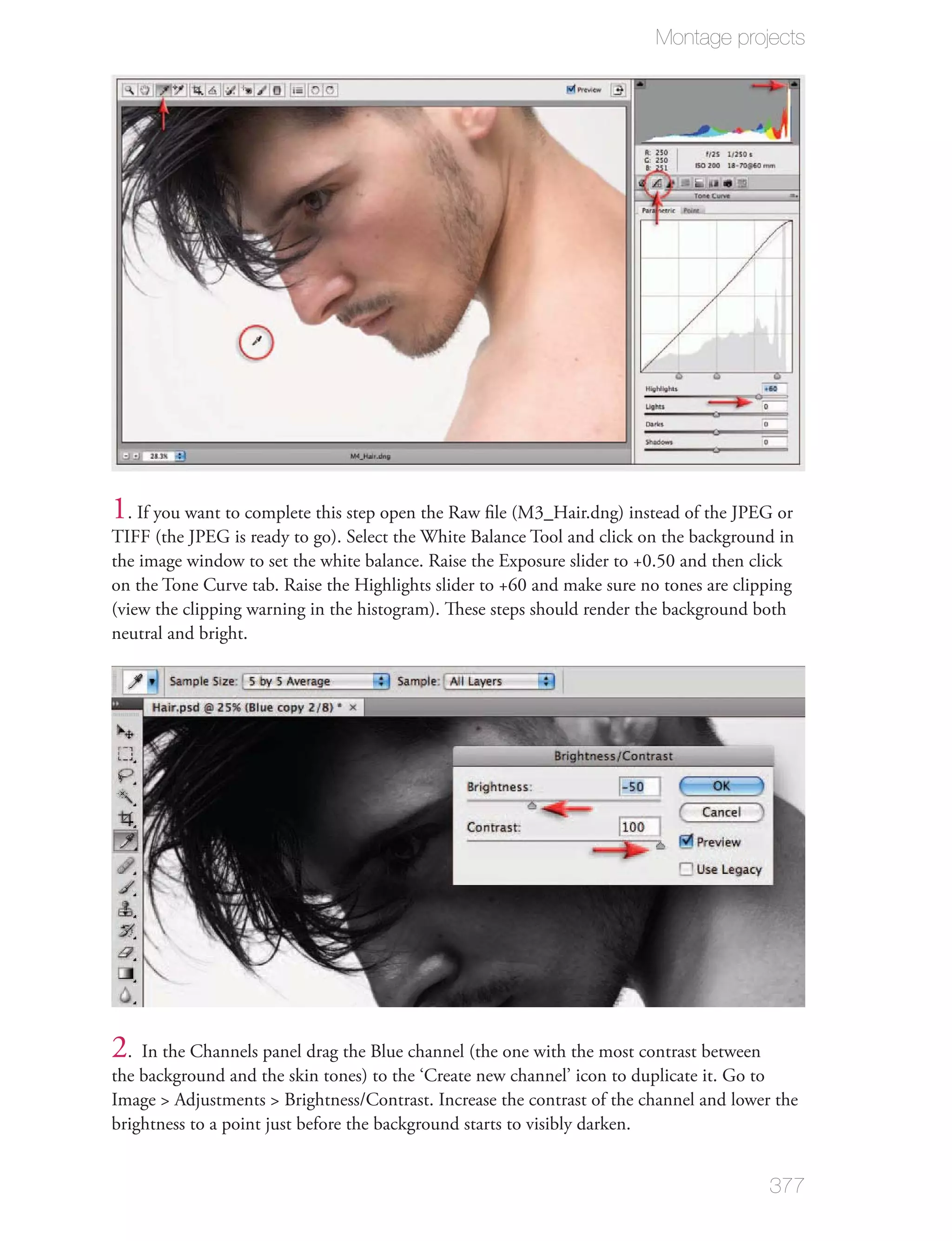 Montage projects




1. If you want to complete this step open the Raw ﬁle (M3_Hair.dng) instead of the JPEG or
TIFF (the JPEG is ready to go). Select the White Balance Tool and click on the background in
the image window to set the white balance. Raise the Exposure slider to +0.50 and then click
on the Tone Curve tab. Raise the Highlights slider to +60 and make sure no tones are clipping
(view the clipping warning in the histogram). These steps should render the background both
neutral and bright.




2. In the Channels panel drag the Blue channel (the one with the most contrast between
the background and the skin tones) to the ‘Create new channel’ icon to duplicate it. Go to
Image > Adjustments > Brightness/Contrast. Increase the contrast of the channel and lower the
brightness to a point just before the background starts to visibly darken.


                                                                                         377
 