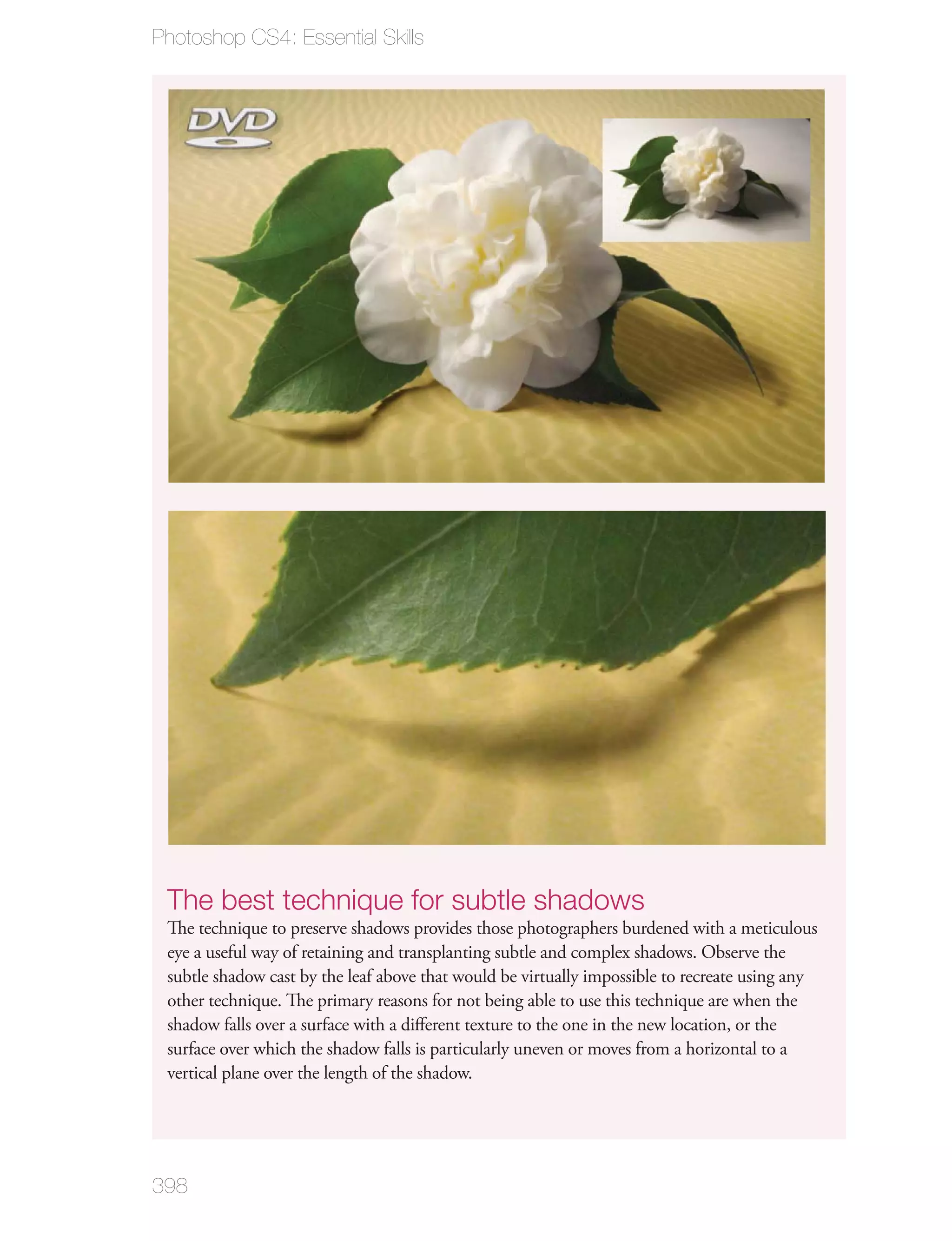 Photoshop CS4: Essential Skills




 The best technique for subtle shadows
 The technique to preserve shadows provides those photographers burdened with a meticulous
 eye a useful way of retaining and transplanting subtle and complex shadows. Observe the
 subtle shadow cast by the leaf above that would be virtually impossible to recreate using any
 other technique. The primary reasons for not being able to use this technique are when the
 shadow falls over a surface with a diﬀerent texture to the one in the new location, or the
 surface over which the shadow falls is particularly uneven or moves from a horizontal to a
 vertical plane over the length of the shadow.




398
 