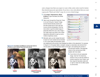 1
                                                                    casts a deeper tone than you expect or want, while cooler colors result in fainter-




                                                                                                                                                                          2
                                                                    than-desired grayscale equivalents. If you have a nice color photo that you want
                                                                    a grayscale (“black and white”) copy of, or even a tinted image:
                                                                    1. Click Image | Adjustments | Black
                                                                       & White to open the Black And White




                                                                                                                                                                          3
                                                                       dialog box.
                                                                    2. Take a spin through the Preset list. There
                                                                       is no such thing as a “typical” image,
                                                                       but the Neutral Density preset and
                                                                       the Red preset tend to work well with




                                                                                                                                                                          4
                                                                                                                                                                          4
                                                                       human portrait photography. Click the
                                                                       Auto button to get the widest range of
                                                                       grayscale detail from your color image—
                                                                       you might need to go back to the Levels
                                                                       adjustment afterward to open up some




                                                                                                                                                                          5
                                                                       midtone brightness values.
                                                                    3. Manually, open up color ranges that seem
                                                                       to have too much contrast and are blocked
                                                                       in. On a color wheel, the secondary colors




                                                                                                                                                                          6
                                                                       are neighbored by the primary hues displayed as sliders in this adjustment. For example,
                                                                       in Figure 4-12, the ginger tabby is orangish; orange is a secondary color derived from
Figure 4-12: Use Black and White to correct the balance
of colors as you remove hues from your photo.                          red and yellow, so by moving these sliders to the right—and watching the preview in
                                                                                                                          the document window—the grayscale
                                                                                                                          version of the cat becomes a little




                                                                                                                                                                          7
                                                                                                                          brighter with more detail.
                                                                                                                            4. If you’d like to tint your grayscale
                                                                                                                                image, click the Tint check box,
                                                                                                                                choose a hue (or click the swatch to




                                                                                                                                                                          8
                                                                                                                                choose using the Color Picker), and
                                                                                                                                then drag the Saturation slider left
                                                                                                                                or right to make the tint effect subtle
                                                                                                                                or pronounced.




                                                                                                                                                                          9
          Original                          Straight to grayscale                          Black and White
                                                 conversion                                  adjustment




                                                                                                                                                                          10
                                                                                       Photoshop CS4 QuickSteps   Adjusting Tone and Color in Your Photographs
                                                                                                                   PC QuickSteps     Getting to Know Your PC      93
                                                                                                                                                                   93
 