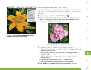 1
                                                           Crop a Photo with the Crop Tool




                                                                                                                                                                2
                                                            Use the Crop tool to trim an image to the desired size. You can make a freehand
                                                            selection, or you can specify the resolution and size of the area to which the tool
                                                            will crop.
                                                            1. Open the image you want to crop and click the Crop tool.




                                                                                                                                                                3
                                                            2. Drag diagonally inside the image to define the size of the cropped image. Photoshop
                                                               displays a cropping rectangle inside the image. Eight sizing handles appear on the
                                                               perimeter of the rectangle, as shown in Figure 8-14.




                                                                                                                                                                4
                                                                                                                                                                5
Figure 8-13: You can create stylized artwork by painting
inside an image with the Art History Brush.




                                                                                                                                                                6
                                                                        Figure 8-14: Adjust the cropping rectangle to the desired size.




                                                                                                                                                                7
                                                            3. If the cropping rectangle is not sized as desired, do one of the following:
                                                               • Drag a corner handle to resize the width and height of the cropping rectangle. Press
                                                                  SHIFT to resize proportionately.

                                                               • Drag the middle handle on the left or right border to change the width of the




                                                                                                                                                                8
                                                                                                                                                                8
                                                                  cropping rectangle.

                                                               • Drag the center handle on the top or bottom border to change the height of the
                                                                  cropping rectangle.

                                                               • Drag inside the cropping rectangle to move it to a different position.




                                                                                                                                                                9
                                                               • Drag outside the cropping rectangle to rotate it in a free-form manner.
                                                            4. Press ENTER or click the Commit button on the Options bar to crop the image.




                                                                                                                                                                10
                                                                              Photoshop CS4 QuickSteps   Making Local Adjustments with Know Your PC
                                                                                                          PC QuickSteps     Getting to the Tools Panel   193
                                                                                                                                                          193
 