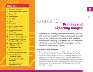 11
How to…




                                                                                                                                12
•   Choose a File Format




                                                                                                                                 2
    Saving to Acrobat PDF Format
•   Save to PSD




                                                                                                                                13
•   Save as a PNG
•   Use JPEG
•   Use TIF                         Chapter 12
•
•
    Save a GIF
    Use EPS Under Certain
                                                                     Printing and
    Circumstances
                                                                 Exporting Images
•   Prepare Your Images
    for Printing
•   Print to an Inkjet Printer
                                     The photos and artwork you create with Photoshop can have
    Choosing a Rendering Intent
                                     a life of their own outside of Photoshop; this chapter dives into
                                     personal and professional printing of your work, as well as
•   Preview Print Jobs with Soft
    Proofing and Gamut Warning       exporting from Photoshop to file formats you can share online
    Using CMYK Inks and              with others. Tips and techniques for prepping your work for a
    RGB Color Profiles               commercial printer are also covered.
•   Care for Inkjet Prints
•   Create a Contact Sheet          Choose a File Format
•   Create a Personal Web Gallery    Photoshop can save your work to dozens of different file formats, although
                                     you and your clients probably will only need PSD, PDF, PNG, JPG, TIF, GIF,
•   Learn the Basics of
                                     and EPS. So which one should you use to save your hard work? If you will be
    Commercial Printing
                                     working with this file again in Photoshop, you’ll want to be sure to save it in
•   Print on Something Other         Photoshop’s native format PSD so that all of Photoshop’s specialized layers and
    than Paper
                                     other effects are saved. But you will also probably want to save a copy of your
•   Use a Service Bureau             file in some other file format, such as JPG or PNG for use on the Web or TIF,
    for High-End Output              EPS, or PDF for printing.



                                                               Photoshop CS4 QuickSteps   Printing and Exporting Images   257
 