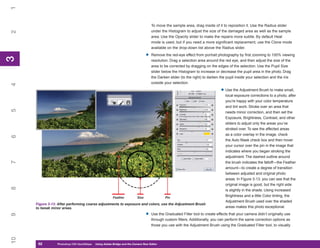 1
                                                                                    To move the sample area, drag inside of it to reposition it. Use the Radius slider
                                                                                    under the Histogram to adjust the size of the damaged area as well as the sample
2


                                                                                    area. Use the Opacity slider to make the repairs more subtle. By default Heal
                                                                                    mode is used, but if you need a more significant replacement, use the Clone mode
                                                                                    available on the drop-down list above the Radius slider.

                                                                                •   Remove the red-eye effect from portrait photography by first zooming to 100% viewing
3
3




                                                                                    resolution. Drag a selection area around the red eye, and then adjust the size of the
                                                                                    area to be corrected by dragging on the edges of the selection. Use the Pupil Size
                                                                                    slider below the Histogram to increase or decrease the pupil area in the photo. Drag
                                                                                    the Darken slider (to the right) to darken the pupil inside your selection and the iris
                                                                                    outside your selection.
4




                                                                                                                               • Use the Adjustment Brush to make small,
                                                                                                                                 local exposure corrections to a photo, after
                                                                                                                                 you’re happy with your color temperature
                                                                                                                                 and tint work. Stroke over an area that
5




                                                                                                                                 needs minor correction, and then set the
                                                                                                                                 Exposure, Brightness, Contrast, and other
                                                                                                                                 sliders to adjust only the areas you’ve
                                                                                                                                 stroked over. To see the affected areas
                                                                                                                                 as a color overlay in the image, check
6




                                                                                                                                 the Auto Mask check box and then hover
                                                                                                                                 your cursor over the pin in the image that
                                                                                                                                 indicates where you began stroking the
                                                                                                                                 adjustment. The dashed outline around
7




                                                                                                                                 the brush indicates the falloff—the Feather
                                                                                                                                 amount—to create a degree of transition
                                                                                                                                 between adjusted and original photo
                                                                                                                                 areas. In Figure 3-13, you can see that the
                                                                                                                                 original image is good, but the right side
8




                                                                                                                                 is slightly in the shade. Using increased
                                                        Feather          Size               Pin
                                                                                                                                 Brightness and a little Color tinting, the
                                                                                                                                 Adjustment Brush used over the shaded
     Figure 3-13: After performing coarse adjustments to exposure and colors, use the Adjustment Brush
     to tweak minor areas.                                                                                                       areas makes this photo exceptional.

                                                                                •   Use the Graduated Filter tool to create effects that your camera didn’t originally use
9




                                                                                    through custom filters. Additionally, you can perform the same correction options as
                                                                                    those you use with the Adjustment Brush using the Graduated Filter tool, to visually
10




      62
      62         Photoshop CS4 QuickStepsto Know Your PC
                 PC QuickSteps    Getting   Using Adobe Bridge and the Camera Raw Editor
 