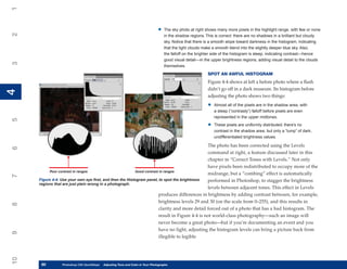 1

                                                                              •   The sky photo at right shows many more pixels in the highlight range, with few or none
2


                                                                                  in the shadow regions. This is correct: there are no shadows in a brilliant but cloudy
                                                                                  sky. Notice that there is a smooth slope toward darkness in the histogram, indicating
                                                                                  that the light clouds make a smooth blend into the slightly deeper blue sky. Also,
                                                                                  the falloff on the brighter side of the histogram is steep, indicating contrast—hence
                                                                                  good visual detail—in the upper brightness regions, adding visual detail to the clouds
3




                                                                                  themselves.
                                                                                                          SPOT AN AWFUL HISTOGRAM
                                                                                                          Figure 4-4 shows at left a before photo where a flash
                                                                                                          didn’t go off in a dark museum. Its histogram before
4
4




                                                                                                          adjusting the photo shows two things:

                                                                                                          •   Almost all of the pixels are in the shadow area, with
                                                                                                              a steep (“contrasty”) falloff before pixels are even
                                                                                                              represented in the upper midtones.
5




                                                                                                          •   These pixels are uniformly distributed; there’s no
                                                                                                              contrast in the shadow area, but only a “lump” of dark,
                                                                                                              undifferentiated brightness values.

                                                                                                The photo has been corrected using the Levels
6




                                                                                                command at right, a feature discussed later in this
                                                                                                chapter in “Correct Tones with Levels.” Not only
                                                                                                have pixels been redistributed to occupy more of the
          Poor contrast in ranges                         Good contrast in ranges
                                                                                                midrange, but a “combing” effect is automatically
7




     Figure 4-4: Use your own eye first, and then the Histogram panel, to spot the brightness   performed in Photoshop, to stagger the brightness
     regions that are just plain wrong in a photograph.
                                                                                                levels between adjacent tones. This effect in Levels
                                                                       produces differences in brightness by adding contrast between, for example,
                                                                       brightness levels 29 and 30 (on the scale from 0–255), and this results in
8




                                                                       clarity and more detail forced out of a photo that has a bad histogram. The
                                                                       result in Figure 4-4 is not world-class photography—such an image will
                                                                       never become a great photo—but if you’re documenting an event and you
                                                                       have no light, adjusting the histogram levels can bring a picture back from
9




                                                                       illegible to legible.
10




     80
     80         Photoshop CS4 QuickStepsto Know Your PC and Color in Your Photographs
                PC QuickSteps    Getting   Adjusting Tone
 