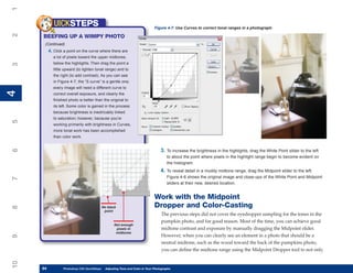 1
             UICKSTEPS                                                      Figure 4-7: Use Curves to correct tonal ranges in a photograph.
2


     BEEFING UP A WIMPY PHOTO
      (Continued)
          4. Click a point on the curve where there are
            a lot of pixels toward the upper midtones,
            below the highlights. Then drag the point a
3




            little upward (to lighten tonal range) and to
            the right (to add contrast). As you can see
            in Figure 4-7, the “S curve” is a gentle one;
            every image will need a different curve to
4
4




            correct overall exposure, and clearly the
            finished photo is better than the original to
            its left. Some color is gained in the process
            because brightness is inextricably linked
            to saturation; however, because you’re
5




            working primarily with brightness in Curves,
            more tonal work has been accomplished
            than color work.


                                                                                3. To increase the brightness in the highlights, drag the White Point slider to the left
6




                                                                                    to about the point where pixels in the highlight range begin to become evident on
                                                                                    the histogram.
                                                                                4. To reveal detail in a muddy midtone range, drag the Midpoint slider to the left.
                                                                                    Figure 4-6 shows the original image and close-ups of the White Point and Midpoint
7




                                                                                    sliders at their new, desired location.


                                                                            Work with the Midpoint
                                                                            Dropper and Color-Casting
8




                                          No black
                                           point
                                                                                 The previous steps did not cover the eyedropper sampling for the tones in the
                                                                                 pumpkin photo, and for good reason. Most of the time, you can achieve good
                                                  Not enough
                                                   pixels in                     midtone contrast and exposure by manually dragging the Midpoint slider.
                                                   midtones
                                                                                 However, when you can clearly see an element in a photo that should be a
9




                                                                                 neutral midtone, such as the wood toward the back of the pumpkins photo,
                                                                                 you can define the midtone range using the Midpoint Dropper tool to not only
10




     84
     84           Photoshop CS4 QuickStepsto Know Your PC and Color in Your Photographs
                  PC QuickSteps    Getting   Adjusting Tone
 