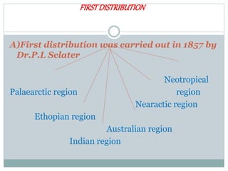 FIRSTDISTRIBUTION
A)First distribution was carried out in 1857 by
Dr.P.L Sclater
Neotropical
Palaearctic region region
Nearactic region
Ethopian region
Australian region
Indian region
 