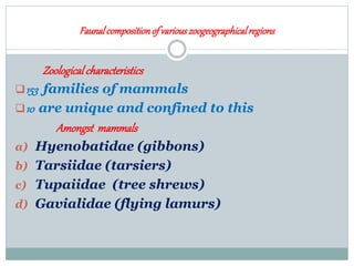 Faunalcompositionof variouszoogeographicalregions
Zoologicalcharacteristics
153 families of mammals
10 are unique and confined to this
Amongst mammals
a) Hyenobatidae (gibbons)
b) Tarsiidae (tarsiers)
c) Tupaiidae (tree shrews)
d) Gavialidae (flying lamurs)
 