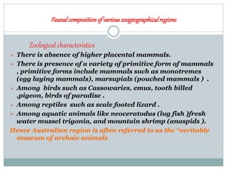 Faunalcompositionof variouszoogeographicalregions
Zoological characteristics
 There is absence of higher placental mammals.
 There is presence of a variety of primitive form of mammals
, primitive forms include mammals such as monotremes
(egg laying mammals), marsupials (pouched mammals ) .
 Among birds such as Cassowaries, emus, tooth billed
,pigeon, birds of paradise .
 Among reptiles such as scale footed lizard .
 Among aquatic animals like neoceratodus (lug fish )fresh
water mussel trigonia, and mountain shrimp (anaspids ).
Hence Australian region is often referred to as the “veritable
museum of archaic animals
 