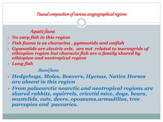 Faunalcompositionof variouszoogeographicalregions
Aquaticfauna
 No carp fish in this region
 Fish fauna is as characins , gymnotids and catfish
 Gymnotids are electric eels, are not related to mormyrids of
ethiopian region but characin fish are a family shared by
ethiopian and neotropical region
 Lung fish
Sharedfauna
 Hedgehogs, Moles, Beavers, Hyenas, Native Horses
are absent in this region
 From palaearctic nearctic and neotropical regions are
shared rabbits, squirrels, cricetid mice, dogs, bears,
mustelids, cats, deers, opossums,armadillos, tree
parcopies and paccaries.
 