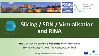 ©PredictableNetworkSolutionsLtd2016
Slicing / SDN / Virtualisation and RINA
Slicing / SDN / Virtualisation
and RINA
Neil Davies| Chief Scientist | Predictable Network Solutions
SDN World Congress 2016, The Hague, October 2016
 