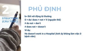PHỦ ĐỊNH
b> Đối với động từ thường
S + do/ does + not + V (nguyên thể)
# do not = don’t
# does not = doesn’t
Ví dụ:
He doesn't work in a Hospital (Anh ấy không làm việc ở
bệnh viên)
2
STRUCTURE
(CẤU TRÚC)
 