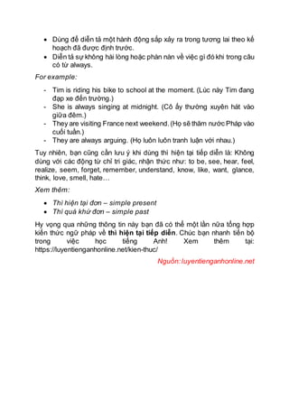  Dùng để diễn tả một hành động sắp xảy ra trong tương lai theo kế
hoạch đã được định trước.
 Diễn tả sự không hài lòng hoặc phàn nàn về việc gì đó khi trong câu
có từ always.
For example:
- Tim is riding his bike to school at the moment. (Lúc này Tim đang
đạp xe đến trường.)
- She is always singing at midnight. (Cô ấy thường xuyên hát vào
giữa đêm.)
- They are visiting France next weekend.(Họ sẽ thăm nước Pháp vào
cuối tuần.)
- They are always arguing. (Họ luôn luôn tranh luận với nhau.)
Tuy nhiên, bạn cũng cần lưu ý khi dùng thì hiện tại tiếp diễn là: Không
dùng với các động từ chỉ tri giác, nhận thức như: to be, see, hear, feel,
realize, seem, forget, remember, understand, know, like, want, glance,
think, love, smell, hate…
Xem thêm:
 Thì hiện tại đơn – simple present
 Thì quá khứ đơn – simple past
Hy vọng qua những thông tin này bạn đã có thể một lần nữa tổng hợp
kiến thức ngữ pháp về thì hiện tại tiếp diễn. Chúc bạn nhanh tiến bộ
trong việc học tiếng Anh! Xem thêm tại:
https://luyentienganhonline.net/kien-thuc/
Nguồn:luyentienganhonline.net
 