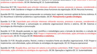 Discursiva 03 P 06: Atuação ética, com base em valores e em práticas sustentáveis. R 01: Reconhecer e delimitar
problemas e oportunidades. OC 04: Marketing OC 15: Sustentabilidade
Discursiva 04 P 04: Capacidade para articular interesses utilizando recursos, processos e pessoas, considerando a
diversidade. R 04: Coordenar e integrar as diferentes áreas funcionais da organização. OC 03: Recursos humanos;
Questão 09 P 01: Capacidade para compreender os contextos local, regional, nacional e global de forma sistêmica. R
01: Reconhecer e delimitar problemas e oportunidades. OC 07: Planejamento e gestão estratégica.
Questão 11 P 04: Capacidade para articular interesses utilizando recursos, processos e pessoas, considerando a
diversidade. R 03: Promover a comunicação no ambiente organizacional interno e externo. OC 08: Sistemas e
tecnologias da informação e comunicação
Questão 12 P 03: Atuação pautada no rigor científico e metodológico para a tomada de decisões e a solução de
problemas no âmbito das organizações. R 02: Propor e implementar, com efetividade, ações alinhadas às estratégias
da organização. OC 05: Finanças OC 09: Matemática e estatística.
Questão 13 P 05: Atuação proativa, flexível, criativa e inovadora frente aos desafios organizacionais. R 02: Propor e
implementar, com efetividade, ações alinhadas às estratégias da organização. OC 10: Pesquisa operacional
Questão 14 P 06: Atuação ética, com base em valores e em práticas sustentáveis. R 02: Propor e implementar, com
efetividade, ações alinhadas às estratégias da organização. OC 06: Operações e logística OC 15: Sustentabilidade
 