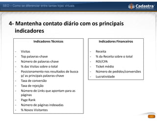 SEO – Como se diferenciar entre tantas lojas virtuais




    4- Mantenha contato diário com os principais
       indicadores
                      Indicadores Técnicos                   Indicadores Financeiros

         -   Visitas                                    -   Receita
         -   Top palavras-chave                         -   % da Receita sobre o total
         -   Número de palavras-chave                   -   ROI/CPA
         -   % das Visitas sobre o total                -   Ticket médio
         -   Posicionamento nos resultados de busca     -   Número de pedidos/conversões
             p/ as principais palavras-chave            -   Lucratividade
         -   Taxa de conversão
         -   Taxa de rejeição
         -   Número de Links que apontam para as
             páginas
         -   Page Rank
         -   Número de páginas indexadas
         -   % Novos Visitantes
 
