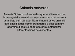 Animais Onívoros são aqueles que se alimentam de
fonte vegetal e animal, ou seja, um onívoro apresenta
uma dieta bem variada. Normalmente estes animais
são classificados como predadores e possuem um
aparelho digestivo adaptado para metabolizar
diferentes tipos de alimentos.
Animais onívoros
 