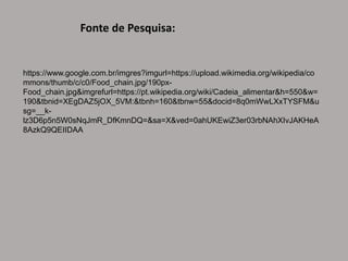 https://www.google.com.br/imgres?imgurl=https://upload.wikimedia.org/wikipedia/co
mmons/thumb/c/c0/Food_chain.jpg/190px-
Food_chain.jpg&imgrefurl=https://pt.wikipedia.org/wiki/Cadeia_alimentar&h=550&w=
190&tbnid=XEgDAZ5jOX_5VM:&tbnh=160&tbnw=55&docid=8q0mWwLXxTYSFM&u
sg=__k-
lz3D6p5n5W0sNqJmR_DfKmnDQ=&sa=X&ved=0ahUKEwiZ3er03rbNAhXIvJAKHeA
8AzkQ9QEIIDAA
Fonte de Pesquisa:
 