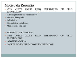 Motivo da Rescisão
 COM   JUSTA           CAUSA   PELO   EMPREGADO   OU   PELO
  EMPREGADOR
 Embriaguez habitual ou em serviço
 Violação de segredo
 Indisciplina
 Ofensa física e ato lesivo
 Abandono de emprego



 TÉRMINO DE CONTRATO
 SEM  JUSTA CAUSA PELO EMPREGADO                  OU   PELO
  EMPREGADOR
 APOSENTADORIA
 MORTE DO EMPREGADO OU EMPREGADOR
 