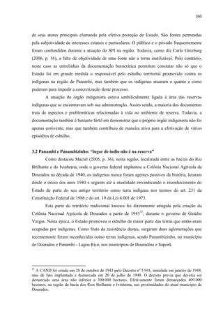 160
de seus atores principais clamando pela efetiva proteção do Estado. São fontes permeadas
pela subjetividade de interesses estatais e particulares. O público e o privado frequentemente
foram confundidos durante a atuação do SPI na região. Todavia, como diz Carlo Ginzburg
(2006, p. 16), a falta de objetividade de uma fonte não a torna inutilizável. Pelo contrário,
neste caso as entrelinhas da documentação burocrática permitem constatar não só que o
Estado foi em grande medida o responsável pelo esbulho territorial promovido contra os
indígenas na região de Panambi, mas também que os indígenas atuaram o quanto e como
puderam para impedir a concretização deste processo.
A atuação do órgão indigenista estava umbilicalmente ligada à área das reservas
indígenas que se encontravam sob sua administração. Assim sendo, a maioria dos documentos
trata de aspectos e problemáticas relacionadas à vida no ambiente de reserva. Todavia, a
documentação também é bastante fértil em demonstrar que o próprio órgão indigenista não foi
apenas conivente, mas que também contribuiu de maneira ativa para a efetivação de vários
episódios de esbulho.
3.2 Panambi e Panambizinho: “lugar de índio não é na reserva”
Como destacou Maciel (2005, p. 36), nesta região, localizada entre as bacias do Rio
Brilhante e do Ivinhema, onde o governo federal implantou a Colônia Nacional Agrícola de
Dourados na década de 1940, os indígenas nunca foram agentes passivos da história, lutaram
desde o início dos anos 1940 e seguem até a atualidade reivindicando o reconhecimento do
Estado de parte do seu antigo território como terra indígena nos termos do art. 231 da
Constituição Federal de 1988 e do art. 19 da Lei 6.001 de 1973.
Esta parte do território tradicional kaiowa foi diretamente atingida pela criação da
Colônia Nacional Agrícola de Dourados a partir de 194335
, durante o governo de Getúlio
Vargas. Nesta época, o Estado promoveu o esbulho da maior parte das terras que então eram
ocupadas por indígenas. Como fruto da resistência destes, surgiram duas aglomerações que
recentemente foram reconhecidas como terras indígenas, sendo Panambizinho, no município
de Dourados e Panambi - Lagoa Rica, nos municípios de Douradina e Itaporã.
35
A CAND foi criada em 28 de outubro de 1943 pelo Decreto nº 5.941, instalada em janeiro de 1944,
mas de fato implantada e demarcada em 20 de julho de 1948. O decreto previa que deveria ser
demarcada uma área não inferior a 300.000 hectares. Efetivamente foram demarcados 409.000
hectares, na região da bacia dos Rios Brilhante e Ivinhema, nas proximidades do atual município de
Dourados.
 