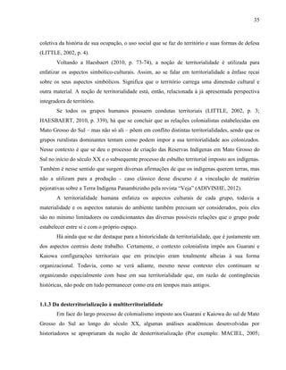 35
coletiva da história de sua ocupação, o uso social que se faz do território e suas formas de defesa
(LITTLE, 2002, p. 4).
Voltando a Haesbaert (2010, p. 73-74), a noção de territorialidade é utilizada para
enfatizar os aspectos simbólico-culturais. Assim, ao se falar em territorialidade a ênfase recai
sobre os seus aspectos simbólicos. Significa que o território carrega uma dimensão cultural e
outra material. A noção de territorialidade está, então, relacionada à já apresentada perspectiva
integradora de território.
Se todos os grupos humanos possuem condutas territoriais (LITTLE, 2002, p. 3;
HAESBAERT, 2010, p. 339), há que se concluir que as relações colonialistas estabelecidas em
Mato Grosso do Sul – mas não só ali – põem em conflito distintas territorialidades, sendo que os
grupos ruralistas dominantes tentam como podem impor a sua territorialidade aos colonizados.
Nesse contexto é que se deu o processo de criação das Reservas Indígenas em Mato Grosso do
Sul no início do século XX e o subsequente processo de esbulho territorial imposto aos indígenas.
Também é nesse sentido que surgem diversas afirmações de que os indígenas querem terras, mas
não a utilizam para a produção – caso clássico desse discurso é a vinculação de matérias
pejorativas sobre a Terra Indígena Panambizinho pela revista “Veja” (ADIVINHE, 2012).
A territorialidade humana enfatiza os aspectos culturais de cada grupo, todavia a
materialidade e os aspectos naturais do ambiente também precisam ser considerados, pois eles
são no mínimo limitadores ou condicionantes das diversas possíveis relações que o grupo pode
estabelecer entre si e com o próprio espaço.
Há ainda que se dar destaque para a historicidade da territorialidade, que é justamente um
dos aspectos centrais deste trabalho. Certamente, o contexto colonialista impôs aos Guarani e
Kaiowa configurações territoriais que em princípio eram totalmente alheias à sua forma
organizacional. Todavia, como se verá adiante, mesmo nesse contexto eles continuam se
organizando especialmente com base em sua territorialidade que, em razão de contingências
históricas, não pode em tudo permanecer como era em tempos mais antigos.
1.1.3 Da desterritorialização à multiterritorialidade
Em face do largo processo de colonialismo imposto aos Guarani e Kaiowa do sul de Mato
Grosso do Sul ao longo do século XX, algumas análises acadêmicas desenvolvidas por
historiadores se apropriaram da noção de desterritorialização (Por exemplo: MACIEL, 2005;
 
