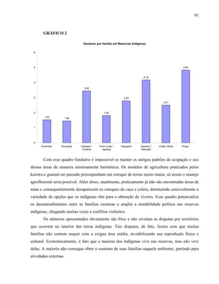 91
GRÁFICO 2
Hectares por família em Reservas Indígenas
1,53 1,46
3,45
1,82
2,79
4,18
2,51
4,84
0
1
2
3
4
5
6
Amambai Dourados Caarapó /
Te’yikue
Porto Lindo /
Jacarey
Taquaperi Sassoró /
Ramada
Limão Verde Pirajuí
Com esse quadro fundiário é impossível se manter os antigos padrões de ocupação e uso
dessas áreas de maneira minimamente harmônica. Os modelos de agricultura praticados pelos
kaiowa e guarani no passado pressupunham um estoque de terras muito maior, só assim o manejo
agroflorestal seria possível. Além disso, atualmente, praticamente já não são encontradas áreas de
mata e consequentemente desaparecem os estoques de caça e coleta, diminuindo sensivelmente a
variedade de opções que os indígenas têm para a obtenção de víveres. Esse quadro potencializa
os desentendimentos entre as famílias extensas e amplia a instabilidade política nas reservas
indígenas, chegando muitas vezes a conflitos violentos.
Os números apresentados obviamente são frios e não revelam as disputas por territórios
que ocorrem no interior das terras indígenas. Tais disputas, de fato, fazem com que muitas
famílias não contem sequer com a exígua área média, inviabilizando sua reprodução física e
cultural. Economicamente, é fato que a maioria dos indígenas vive nas reservas, mas não vive
delas. A maioria não consegue obter o sustento de suas famílias naquele ambiente, partindo para
atividades externas.
 
