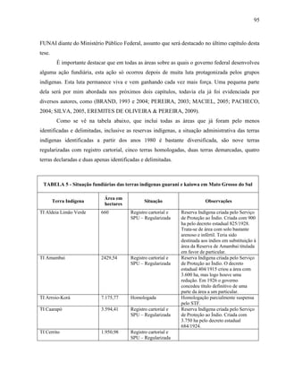 95
FUNAI diante do Ministério Público Federal, assunto que será destacado no último capítulo desta
tese.
É importante destacar que em todas as áreas sobre as quais o governo federal desenvolveu
alguma ação fundiária, esta ação só ocorreu depois de muita luta protagonizada pelos grupos
indígenas. Esta luta permanece viva e vem ganhando cada vez mais força. Uma pequena parte
dela será por mim abordada nos próximos dois capítulos, todavia ela já foi evidenciada por
diversos autores, como (BRAND, 1993 e 2004; PEREIRA, 2003; MACIEL, 2005; PACHECO,
2004; SILVA, 2005, EREMITES DE OLIVEIRA & PEREIRA, 2009).
Como se vê na tabela abaixo, que inclui todas as áreas que já foram pelo menos
identificadas e delimitadas, inclusive as reservas indígenas, a situação administrativa das terras
indígenas identificadas a partir dos anos 1980 é bastante diversificada, são nove terras
regularizadas com registro cartorial, cinco terras homologadas, duas terras demarcadas, quatro
terras declaradas e duas apenas identificadas e delimitadas.
TABELA 5 - Situação fundiárias das terras indígenas guarani e kaiowa em Mato Grosso do Sul
Terra Indígena
Área em
hectares
Situação Observações
TI Aldeia Limão Verde 660 Registro cartorial e
SPU – Regularizada
Reserva Indígena criada pelo Serviço
de Proteção ao Índio. Criada com 900
ha pelo decreto estadual 825/1928.
Trata-se de área com solo bastante
arenoso e infértil. Teria sido
destinada aos índios em substituição à
área da Reserva de Amambai titulada
em favor de particular.
TI Amambai 2429,54 Registro cartorial e
SPU – Regularizada
Reserva Indígena criada pelo Serviço
de Proteção ao Índio. O decreto
estadual 404/1915 criou a área com
3.600 ha, mas logo houve uma
redução. Em 1926 o governo
concedeu título definitivo de uma
parte da área a um particular.
TI Arroio-Korá 7.175,77 Homologada Homologação parcialmente suspensa
pelo STF.
TI Caarapó 3.594,41 Registro cartorial e
SPU – Regularizada
Reserva Indígena criada pelo Serviço
de Proteção ao Índio. Criada com
3.750 ha pelo decreto estadual
684/1924.
TI Cerrito 1.950,98 Registro cartorial e
SPU – Regularizada
 