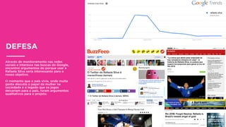 Através de monitoramento nas redes
sociais e interesse nas buscas do Google,
encontrei argumentos do porque usar a
Rafaela Silva seria interessante para o
nosso objetivo.
O momento que o país vivia, onde muita
gente discutia o papel da mulher na
sociedade e o legado que os jogos
deixariam para o país, foram argumentos
qualitativos para o projeto.
DEFESA
 