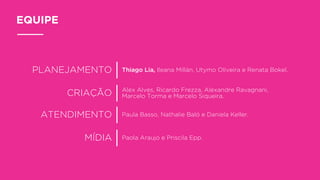 EQUIPE
PLANEJAMENTO Thiago Lia, Ileana Millán, Utymo Oliveira e Renata Bokel.
CRIAÇÃO Alex Alves, Ricardo Frezza, Alexandre Ravagnani,
Marcelo Torma e Marcelo Siqueira.
ATENDIMENTO Paula Basso, Nathalie Baló e Daniela Keller.
MÍDIA Paola Araujo e Priscila Epp.
 