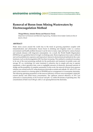 Removal of Boron from Mining Wastewaters by Electrocoagulation Method