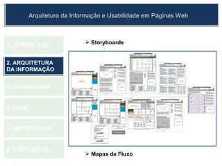 Storyboards Mapas de Fluxo 1.  INTRODUÇÃO 2. ARQUITETURA DA INFORMAÇÃO 3. USABILIDADE 4. CASE 5. IMPORTÂNCIA 6. CONCLUSÃO Arquitetura da Informação e Usabilidade em Páginas Web 