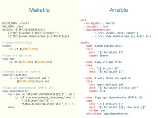BUILD_DIR=../build
SRC_DIR=../src
declare -A APP_DEPENDENCIES=
([“SRC"]=vendor ["DEST"]=vendor) 
(["SRC"]=node_modules/app.js ["DEST"]=js)
# Clean old build(s)
clean:
rm -rf $(BUILD_DIR)
# Copy all app files
copy-app:
cp -R $(SRC_DIR) $(BUILD_DIR)
# Create local.xml symlink
symlink-localxml:
ln -fs /path/to/local.xml 
$(BUILD_DIR)/local.xml
# Copy app dependencies (PHP & JS)
copy-dependencies:
for item in "$${!APP_DEPENDENCIES[@]}" ; do 
cp -rT --preserve=mode,timestamp,links 
”./$${item['SRC']}" 
“${BUILD_DIR}/$${item['DEST']}" ; 
done
vars:
- build_dir: ../build
- src_dir: ../src
- app_dependencies:
- { src: vendor, dest: vendor }
- { src: node_modules/app.js, dest: js }
tasks:
- name: Clean old build(s)
file:
path: "{{ build_dir }}"
state: absent
- name: Copy all app files
copy:
src: "{{ src_dir }}"
dest: "{{ build_dir }}"
- name: Create local.xml symlink
file:
src: /path/to/local.xml
dest: "{{ build_dir }}/local.xml”
state: link
- name: Copy app dependencies (PHP & JS)
copy:
src: "./{{ item.src }}"
dest: "{{ build_dir }}{{ item.dest }}"
follow: yes
with_items: app_dependencies
Makeﬁle Ansible
 
