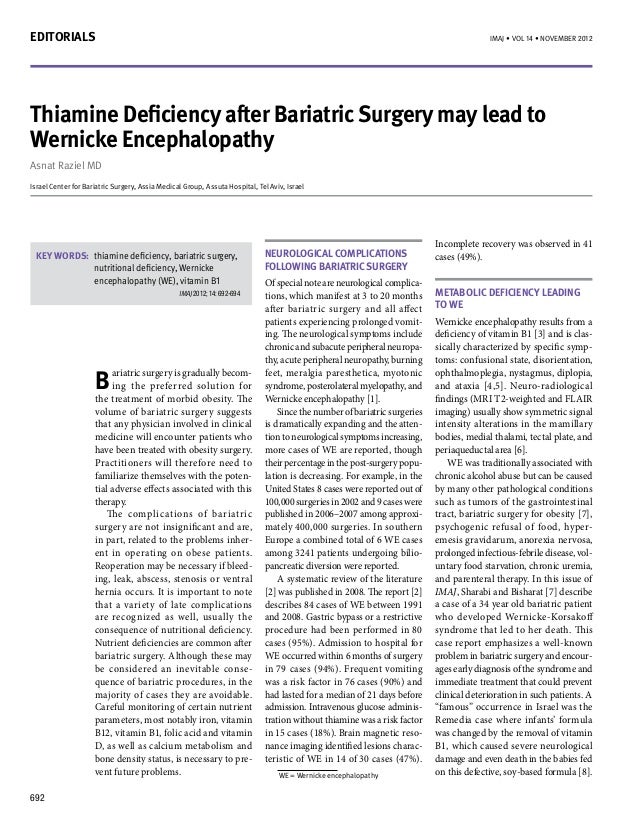 Thiamine deficiency after bariatric surgery may lead to
