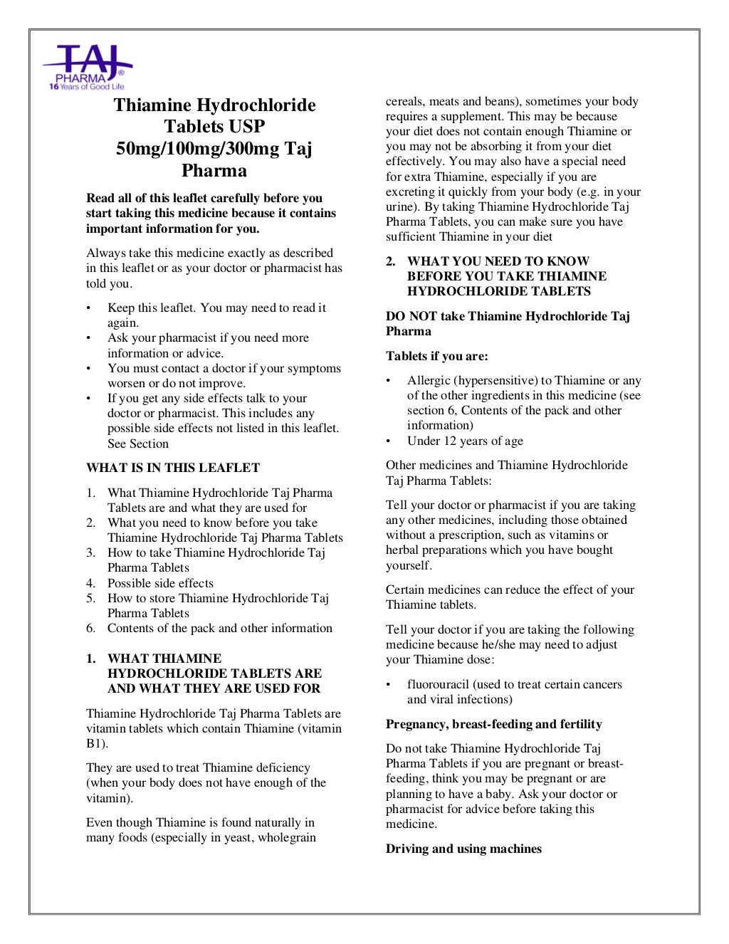 Thiamine Hydrochloride Tablets USP Taj Pharma PIL