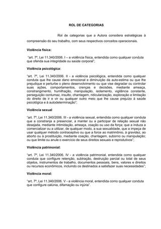 ROL DE CATEGORIAS
Rol de categorias que a Autora considera estratégicas à
compreensão do seu trabalho, com seus respectivos conceitos operacionais.
Violência física:
“art. 7º, Lei 11.340/2006. I – a violência física, entendida como qualquer conduta
que ofenda sua integridade ou saúde corporal”;
Violência psicológica:
“art. 7º, Lei 11.340/2006. II - a violência psicológica, entendida como qualquer
conduta que lhe cause dano emocional e diminuição da auto-estima ou que lhe
prejudique e perturbe o pleno desenvolvimento ou que vise degradar ou controlar
suas ações, comportamentos, crenças e decisões, mediante ameaça,
constrangimento, humilhação, manipulação, isolamento, vigilância constante,
perseguição contumaz, insulto, chantagem, ridicularização, exploração e limitação
do direito de ir e vir ou qualquer outro meio que lhe cause prejuízo à saúde
psicológica e à autodeterminação”;
Violência sexual
“art. 7º, Lei 11.340/2006. III - a violência sexual, entendida como qualquer conduta
que a constranja a presenciar, a manter ou a participar de relação sexual não
desejada, mediante intimidação, ameaça, coação ou uso da força; que a induza a
comercializar ou a utilizar, de qualquer modo, a sua sexualidade, que a impeça de
usar qualquer método contraceptivo ou que a force ao matrimônio, à gravidez, ao
aborto ou à prostituição, mediante coação, chantagem, suborno ou manipulação;
ou que limite ou anule o exercício de seus direitos sexuais e reprodutivos”;
Violência patrimonial:
“art. 7º, Lei 11.340/2006. IV - a violência patrimonial, entendida como qualquer
conduta que configure retenção, subtração, destruição parcial ou total de seus
objetos, instrumentos de trabalho, documentos pessoais, bens, valores e direitos
ou recursos econômicos, incluindo os destinados a satisfazer suas necessidades”;
Violência moral:
“art. 7º, Lei 11.340/2006. V - a violência moral, entendida como qualquer conduta
que configure calúnia, difamação ou injúria”.
 
