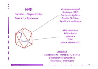 VHE
Famille : Hepeviridae
Genre : Hepevirus

Virus non enveloppé
Sphérique (SRV)
Surface irrégulière
Capside 27-34 nm
27 34
Symétrie icosaédrique

ARN simple brin
hélice droite
polarité +
7,5kb
poly-A
poly A extrémité 3’
3

Stabilité
Au laboratoire : instable(-70 à +8°C)
Décongélation/congélation
Tractus GI : stable (pH)
V.Thibault_janv.-14

37

 
