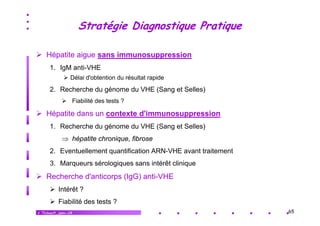 Stratégie Diagnostique Pratique
Hépatite aigue sans immunosuppression
1. IgM anti-VHE
Délai d'obtention du résultat rapide

2. Recherche du é
2 R h h d génome d VHE (S
du
(Sang et S ll )
t Selles)
Fiabilité des tests ?

Hépatite dans un contexte d'immunosuppression
d immunosuppression
1. Recherche du génome du VHE (Sang et Selles)
⇒ hépatite chronique, fibrose
chronique
2. Eventuellement quantification ARN-VHE avant traitement
3.
3 Marqueurs sérologiques sans intérêt clinique

Recherche d'anticorps (IgG) anti-VHE
Intérêt ?
Fiabilité des tests ?
V.Thibault_janv.-14

65

 