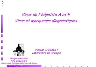 Virus de l'hépatite A et E
                 Virus et marqueurs diagnostiques




                                       Vincent THIBAULT
                                     Laboratoire de Virologie

         Groupe Hospitalier
          Pitié-Salpêtrière
Assistance Publique Hôpitaux de Paris
      V.Thibault DU_janv.-2010   1
 