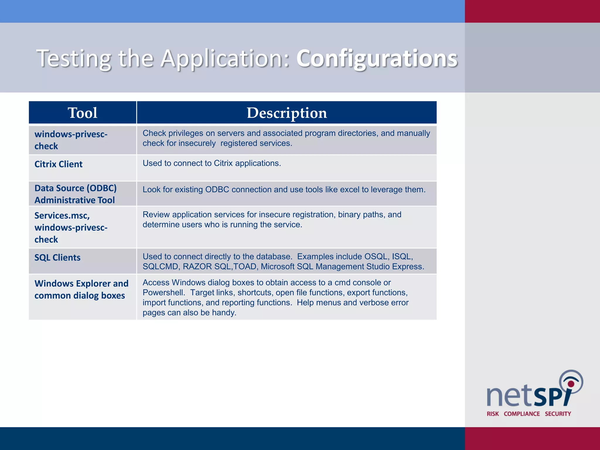 Testing the Application: Configurations
        Tool                                        Description
windows-privesc-       Check privileges on servers and associated program directories, and manually
check                  check for insecurely registered services.

Citrix Client          Used to connect to Citrix applications.


Data Source (ODBC)     Look for existing ODBC connection and use tools like excel to leverage them.
Administrative Tool
Services.msc,          Review application services for insecure registration, binary paths, and
windows-privesc-       determine users who is running the service.
check
SQL Clients            Used to connect directly to the database. Examples include OSQL, ISQL,
                       SQLCMD, RAZOR SQL,TOAD, Microsoft SQL Management Studio Express.

Windows Explorer and   Access Windows dialog boxes to obtain access to a cmd console or
common dialog boxes    Powershell. Target links, shortcuts, open file functions, export functions,
                       import functions, and reporting functions. Help menus and verbose error
                       pages can also be handy.
 
