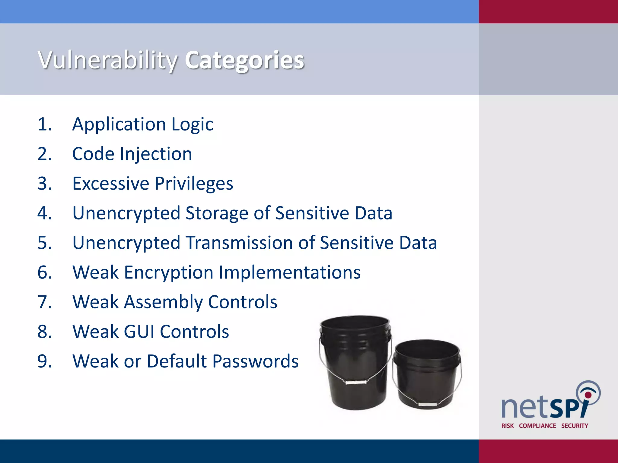 Vulnerability Categories

1.   Application Logic
2.   Code Injection
3.   Excessive Privileges
4.   Unencrypted Storage of Sensitive Data
5.   Unencrypted Transmission of Sensitive Data
6.   Weak Encryption Implementations
7.   Weak Assembly Controls
8.   Weak GUI Controls
9.   Weak or Default Passwords
 