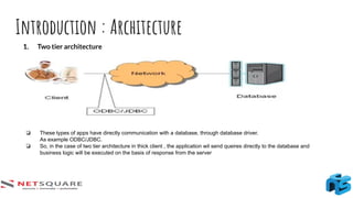 Introduction : Architecture
1. Two tier architecture
❏ These types of apps have directly communication with a database, through database driver.
As example ODBC/JDBC.
❏ So, in the case of two tier architecture in thick client , the application wil send queires directly to the database and
business logic will be executed on the basis of response from the server
 