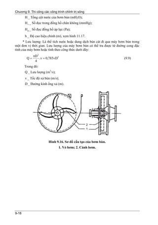 Chương 9. Thi công các công trình chỉnh trị sông
       H _ Tổng cột nước của bơm bùn (mH2O);
       H v _ Số đọc trong đồng hồ chân không (mmHg);
       H p _ Số đọc đồng hồ áp lực (Pa);
       h _ Độ cao hiệu chỉnh (m), xem hình 11.17.
      * Lưu lượng: Là thể tích nước hoặc dung dịch bùn cát đi qua máy bơm bùn trong
một đơn vị thời gian. Lưu lượng của máy bơm bùn có thể tra được từ đường cong đặc
tính của máy bơm hoặc tính theo công thức dưới đây:
           πD 2
        Q=      .v = 0,785vD2                                           (9.9)
            4
       Trong đó:
       Q _ Lưu lượng (m3/s);
       v _ Tốc độ xả bùn (m/s);
       D _ Đường kính ống xả (m).




                        Hình 9.16. Sơ đồ cấu tạo của bơm bùn.
                               1. Vỏ bơm; 2. Cánh bơm.




9-18
 