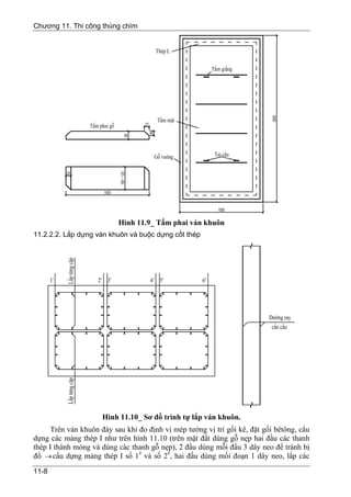 Chương 11. Thi công thùng chìm




                           Hình 11.9_ Tấm phai ván khuôn
11.2.2.2. Lắp dựng ván khuôn và buộc dựng cốt thép




                     Hình 11.10_ Sơ đồ trình tự lắp ván khuôn.
      Trên ván khuôn đáy sau khi đo định vị mép tường vị trí gối kê, đặt gối bêtông, cẩu
dựng các mảng thép I như trên hình 11.10 (trên mặt đất dùng gỗ nẹp hai đầu các thanh
thép I thành mỏng và dùng các thanh gỗ nẹp), 2 đầu dùng mỗi đầu 3 dây neo để tránh bị
đổ → cẩu dựng mảng thép I số 1# và số 2#, hai đầu dùng mối đoạn 1 dây neo, lắp các
11-8
 