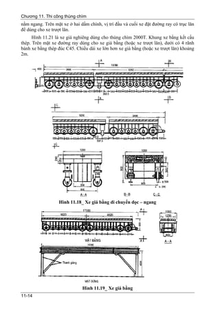 Chương 11. Thi công thùng chìm
nằm ngang. Trên mặt xe ở hai dầm chính, vị trí đầu và cuối xe đặt đường ray có trục lăn
để dùng cho xe trượt lăn.
      Hình 11.21 là xe giá nghiêng dùng cho thùng chìm 2000T. Khung xe bằng kết cấu
thép. Trên mặt xe đường ray dùng cho xe giá bằng (hoặc xe trượt lăn), dưới có 4 rãnh
bánh xe bằng thép đúc C45. Chiều dài xe lớn hơn xe giá bằng (hoặc xe trượt lăn) khoảng
2m.




                   Hình 11.18_ Xe giá bằng di chuyển dọc – ngang




                              Hình 11.19_ Xe giá bằng
11-14
 