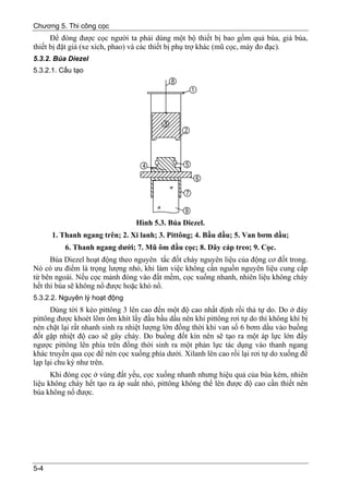 Chương 5. Thi công cọc
      Để đóng được cọc người ta phải dùng một bộ thiết bị bao gồm quả búa, giá búa,
thiết bị đặt giá (xe xích, phao) và các thiết bị phụ trợ khác (mũ cọc, máy đo đạc).
5.3.2. Búa Diezel
5.3.2.1. Cấu tạo




                                 Hình 5.3. Búa Diezel.
      1. Thanh ngang trên; 2. Xi lanh; 3. Pittông; 4. Bầu dầu; 5. Van bơm dầu;
          6. Thanh ngang dưới; 7. Mũ ôm đầu cọc; 8. Dây cáp treo; 9. Cọc.
      Búa Diezel hoạt động theo nguyên tắc đốt cháy nguyên liệu của động cơ đốt trong.
Nó có ưu điểm là trọng lượng nhỏ, khi làm việc không cần nguồn nguyên liệu cung cấp
từ bên ngoài. Nếu cọc mảnh đóng vào đất mềm, cọc xuống nhanh, nhiên liệu không cháy
hết thì búa sẽ không nổ được hoặc khó nổ.
5.3.2.2. Nguyên lý hoạt động
      Dùng tời 8 kéo pittông 3 lên cao đến một độ cao nhất định rồi thả tự do. Do ở đáy
pittông được khoét lõm ôm khít lấy đầu bầu dầu nên khi pittông rơi tự do thì không khí bị
nén chặt lại rất nhanh sinh ra nhiệt lượng lớn đồng thời khi van số 6 bơm dầu vào buồng
đốt gặp nhiệt độ cao sẽ gây cháy. Do buồng đốt kín nên sẽ tạo ra một áp lực lớn đẩy
ngược pittông lên phía trên đồng thời sinh ra một phản lực tác dụng vào thanh ngang
khác truyền qua cọc để nén cọc xuống phía dưới. Xilanh lên cao rồi lại rơi tự do xuống để
lạp lại chu kỳ như trên.
      Khi đóng cọc ở vùng đất yếu, cọc xuống nhanh nhưng hiệu quả của búa kém, nhiên
liệu không cháy hết tạo ra áp suất nhỏ, pittông không thể lên được độ cao cần thiết nên
búa không nổ được.




5-4
 
