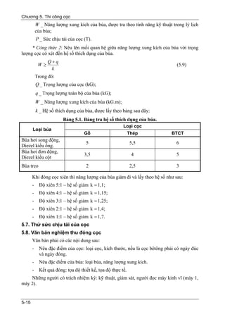 Chương 5. Thi công cọc
           W _ Năng lượng xung kích của búa, được tra theo tính năng kỹ thuật trong lý lịch
           của búa;
           P _ Sức chịu tải của cọc (T).
     * Công thức 2: Nêu lên mối quan hệ giữa năng lượng xung kích của búa với trọng
lượng cọc có xét đến hệ số thích dụng của búa.
                 Q+q
            W≥                                                                  (5.9)
                  k
           Trong đó:
           Q _ Trọng lượng của cọc (kG);
           q _ Trọng lượng toàn bộ của búa (kG);
           W _ Năng lượng xung kích của búa (kG.m);
           k _ Hệ số thích dụng của búa, được lấy theo bảng sau đây:
                         Bảng 5.1. Bảng tra hệ số thích dụng của búa.
                                                         Loại cọc
       Loại búa
                                    Gỗ                        Thép           BTCT
Búa hơi song động,
                                     5                        5,5               6
Diezel kiểu ống.
Búa hơi đơn động,
                                    3,5                        4                5
Diezel kiểu cột
Búa treo                             2                        2,5               3

       Khi đóng cọc xiên thì năng lượng của búa giảm đi và lấy theo hệ số như sau:
       -     Độ xiên 5:1 – hệ số giảm k = 1,1;
       -     Độ xiên 4:1 – hệ số giảm k = 1,15;
       -     Độ xiên 3:1 – hệ số giảm k = 1,25;
       -     Độ xiên 2:1 – hệ số giảm k = 1,4;
       -     Độ xiên 1:1 – hệ số giảm k = 1,7.
5.7. Thử sức chịu tải của cọc
5.8. Văn bản nghiệm thu đóng cọc
       Văn bản phải có các nội dung sau:
       -     Nêu đặc điểm của cọc: loại cọc, kích thước, nếu là cọc bêtông phải có ngày đúc
             và ngày đóng.
       -     Nêu đặc điểm của búa: loại búa, năng lượng xung kích.
       -     Kết quả đóng: tọa độ thiết kế, tọa độ thực tế.
    Những người có trách nhiệm ký: kỹ thuật, giám sát, người đọc máy kinh vĩ (máy 1,
máy 2).


5-15
 