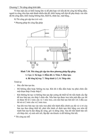 Chương 7. Thi công công trình bến
      Vì bản mặt cầu có khối lượng lớn và để phù hợp với tiến độ thi công hệ thống dầm,
người ta cũng chia bản mặt thành nhiều đợt đổ, khối lượng mỗi đợt đổ phụ thuộc vào tiến
độ thi công dầm, khối lượng bêtông bản, thiết bị, nhân lực, mặt bằng...
       8) Thi công giá cập tàu (vòi voi)
       * Phương pháp thi công lắp ghép




               Hình 7.18. Thi công giá cập tàu theo phương pháp lắp ghép.
                    1. Cọc; 2. Xà kẹp; 3. Dầm đỡ; 4. Nêm; 5. Bản tựa;
                    6. Bê tông bệ trụ; 7. Thép hình I, C; 8. Thép chờ.
       Trình tự:
       -   Đúc sẵn bản tựa tàu.
       -   Đổ bêtông dầm hoặc bêtông trụ tựa. Khi đó ở đầu dầm hoặc trụ phải chôn sẵn
           một đoạn thép I hoặc thép C.
       -   Khi bêtông bệ tựa và bêtông bản tựa đạt cường độ thiết kế thì tiến hành cẩu lắp
           để treo bản tựa vào thép I chôn sẵn. Nếu bản tựa được treo trên một đầu cọc thì
           nó được bố trí 2 móc cẩu và 1 móc treo, còn nếu bản tựa liên kết với 2 đầu cọc
           thì nó có 2 móc cẩu và 2 móc treo.
       -   Sau khi treo bản tựa vào móc treo phải tiến hành điều chỉnh cao độ và vị trí của
           bản tựa theo đúng thiết kế, phải tiến hành cố định tạm thời bằng con nêm để
           tránh bản tựa bị dao động do sóng, gió và dòng chảy. Sau đó tiến hành hàn nối
           cốt thép chờ, vệ sinh mối nối, lắp đặt ván khuôn và đổ bêtông liên kết.
       * Thi công tại chỗ




7-12
 