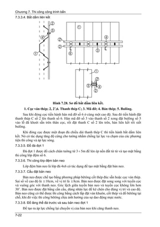 Chương 7. Thi công công trình bến
7.3.3.4. Bắt dầm liên kết




                            Hình 7.28. Sơ đồ bắt dầm liên kết.
       1. Cọc ván thép; 2, 2’,6. Thanh thép C; 3. Mã đỡ; 4. Bản thép; 5. Bulông.
     Sau khi đóng cọc tiến hành hàn mã đỡ số 6 ở cùng một cao độ. Sau đó tiến hành đặt
thanh thép C số 2 lên thanh số 6. Hàn mã đỡ số 3 vào thanh số 2 xong đặt bulông số 5
vào lỗ đã khoét sẵn trên thân cọc, rồi đặt thanh C số 2 lên trên, hàn liên kết rồi siết
bulông.
      Khi đóng cọc được một đoạn đủ chiều dài thanh thép C thì tiến hành bắt dầm liên
kết. Nó có tác dụng tăng độ cứng cho tường nhằm chống lại lực va chạm của các phương
tiện thi công và áp lực sóng.
7.3.3.5. Đổ đá đợt 1
      Đá đợt 1 được đổ cách chân tường từ 3 ÷ 5m để lén ép nền đất từ từ và tạo mặt bằng
thi công lớp đệm số 6.
7.3.3.6. Thi công lớp đệm bản neo
       Lớp đệm bản neo là lớp đá 4x6 có tác dụng để tạo mặt bằng đặt bản neo.
7.3.3.7. Cẩu đặt bản neo
     Bản neo được chế tạo bằng phương pháp bêtông cốt thép đúc sẵn hoặc cọc ván thép.
Sai số về cao độ là ± 10cm, về vị trí là ± 8cm. Bản neo được đặt song song với tuyến cọc
và vuông góc với thanh neo. Góc lệch giữa tuyến bản neo và tuyến cọc không lớn hơn
30’. Bản neo được đặt bằng cần cẩu, dùng nhân lực để kê chèn cho đúng vị trí và cao độ.
Bản neo cũng có thể được thi công bằng cách lắp đặt ván khuôn, cốt thép và đổ bêtông tại
chỗ, khi đó việc thi công bêtông chịu ảnh hưởng của sự dao động mực nước.
7.3.3.8. Đổ lăng thể đá trước và sau bản neo đợt 1
       Để tạo ra áp lực chống lại chuyển vị của bản neo khi căng thanh neo.
7-22
 